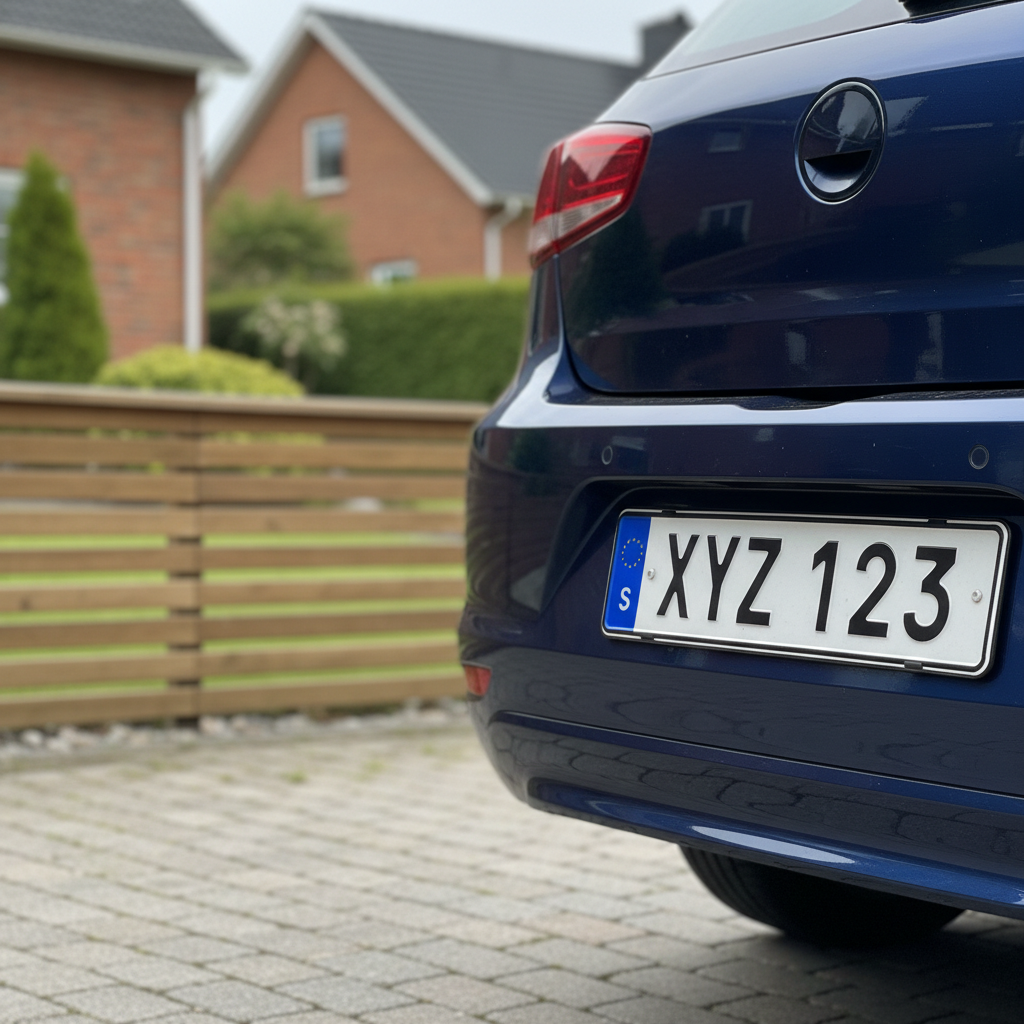 A close-up of a Swedish license plate mounted on the rear of a dark blue hatchback, the alphanumeric characters rendered crisply and legibly, with a subtle reflection on the glossy paint around it. The car is positioned in a residential driveway bordered by neat paving stones and a low, modern fence. Overcast daylight creates soft, even lighting without glare, highlighting the plate as the central element. Background houses and greenery are rendered in gentle bokeh for minimal distraction. Photographic realism, shot from a slightly low angle focused tightly on the plate, conveys the simplicity of entering a registration number to start the selling process, in a professional and reassuring mood.